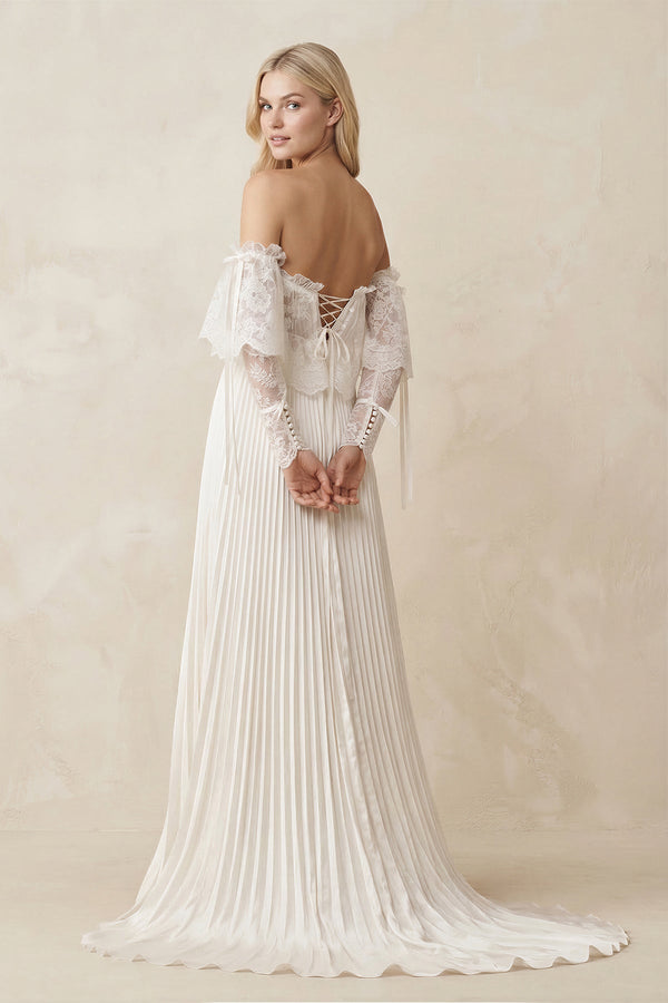 Off - the - Shoulder A - Line Pleated Appliqued Wedding Dress with Bow in Ivory - SHE IS ME Wedding Dresses
