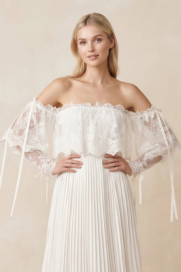 Off - the - Shoulder A - Line Pleated Appliqued Wedding Dress with Bow in Ivory - SHE IS ME Wedding Dresses