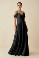Off - the - Shoulder A - Line Pleated Chiffon Bridesmaid Gown in Black - SHE IS ME Bridesmaid Dresses