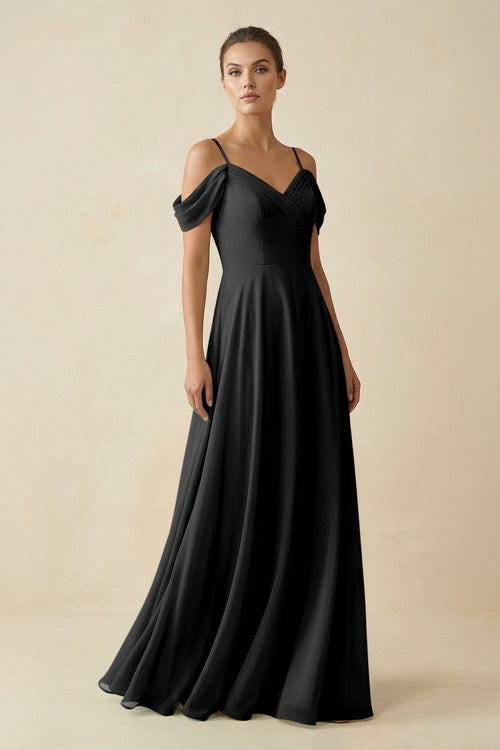 Off - the - Shoulder A - Line Pleated Chiffon Bridesmaid Gown in Black - SHE IS ME Bridesmaid Dresses
