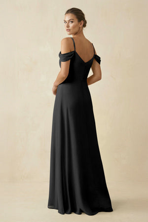 Off - the - Shoulder A - Line Pleated Chiffon Bridesmaid Gown in Black - SHE IS ME Bridesmaid Dresses