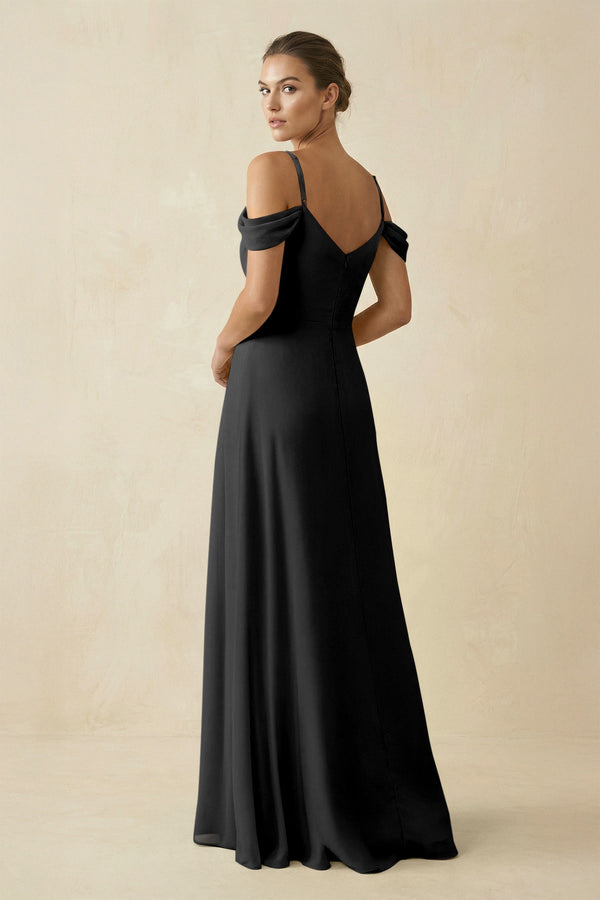 Off - the - Shoulder A - Line Pleated Chiffon Bridesmaid Gown in Black - SHE IS ME Bridesmaid Dresses