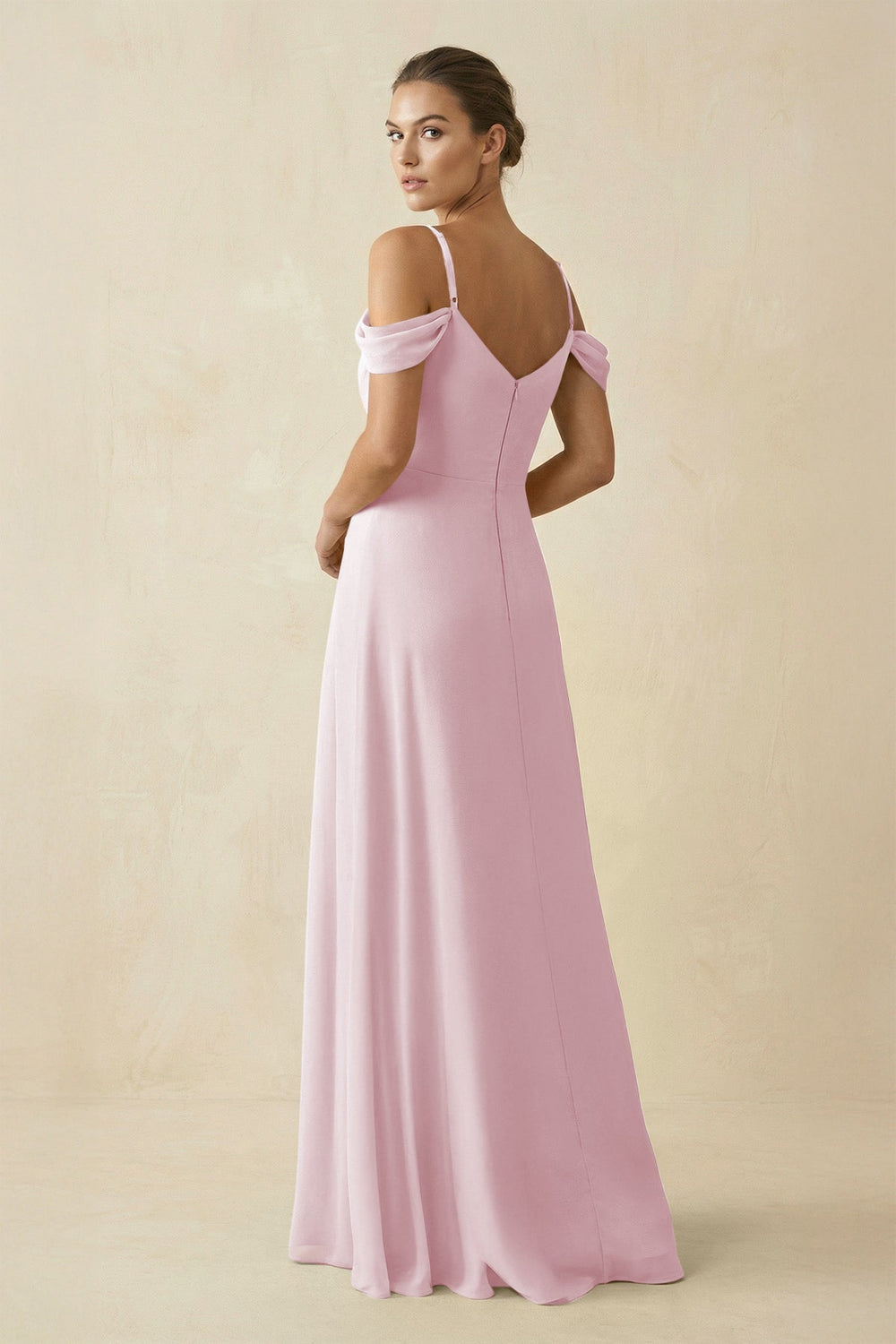 Off - the - Shoulder A - Line Pleated Chiffon Bridesmaid Gown in Candy Pink - SHE IS ME Bridesmaid Dresses
