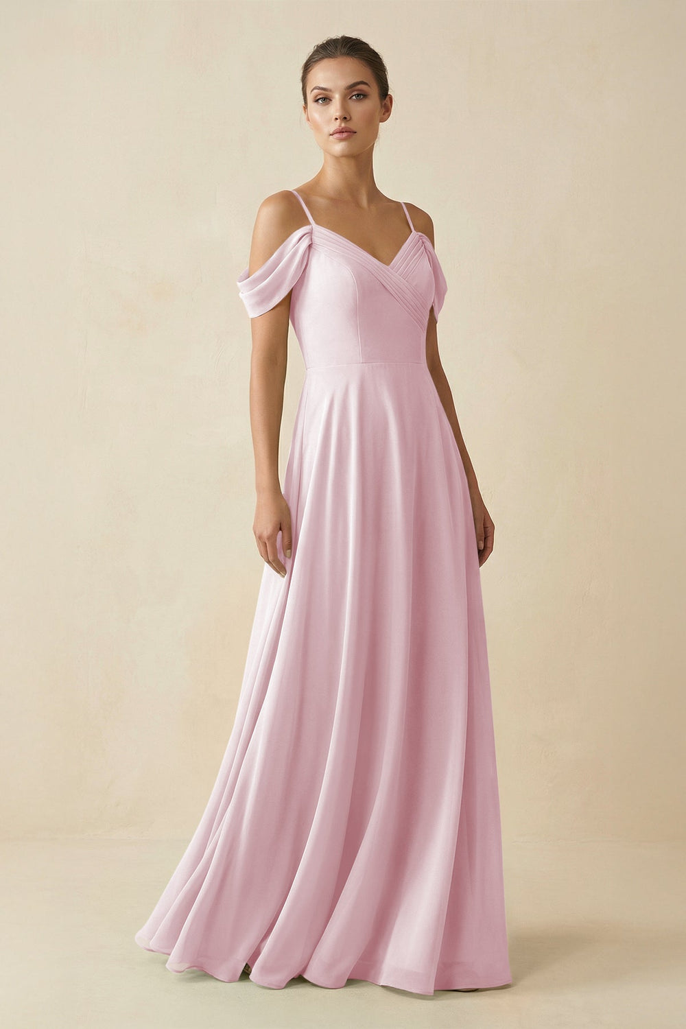 Off - the - Shoulder A - Line Pleated Chiffon Bridesmaid Gown in Candy Pink - SHE IS ME Bridesmaid Dresses