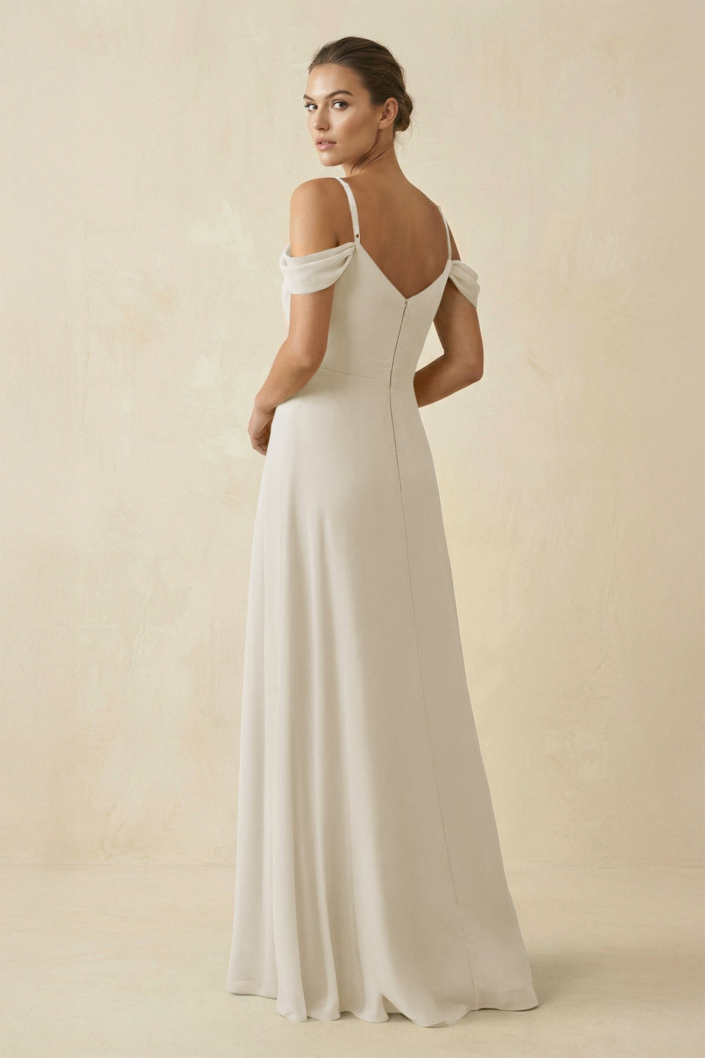 Off - the - Shoulder A - Line Pleated Chiffon Bridesmaid Gown in Dove Gray - SHE IS ME Bridesmaid Dresses