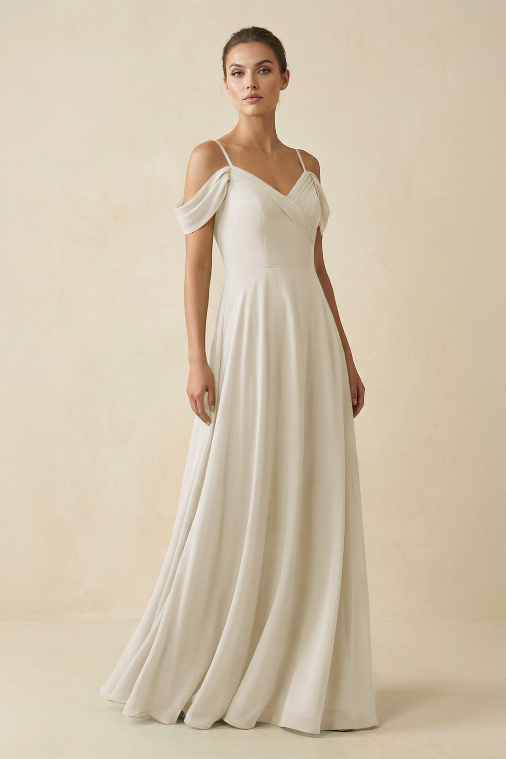 Off - the - Shoulder A - Line Pleated Chiffon Bridesmaid Gown in Dove Gray - SHE IS ME Bridesmaid Dresses