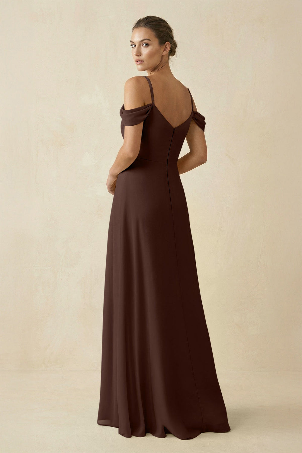 Off - the - Shoulder A - Line Pleated Chiffon Bridesmaid Gown in Espresso - SHE IS ME Bridesmaid Dresses
