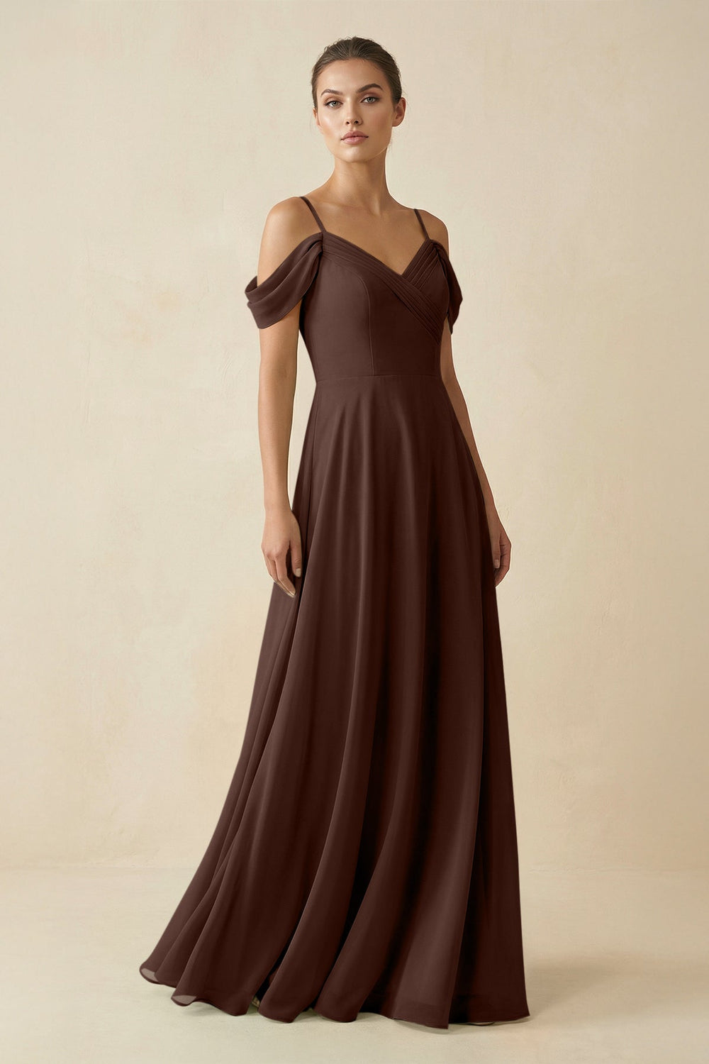 Off - the - Shoulder A - Line Pleated Chiffon Bridesmaid Gown in Espresso - SHE IS ME Bridesmaid Dresses