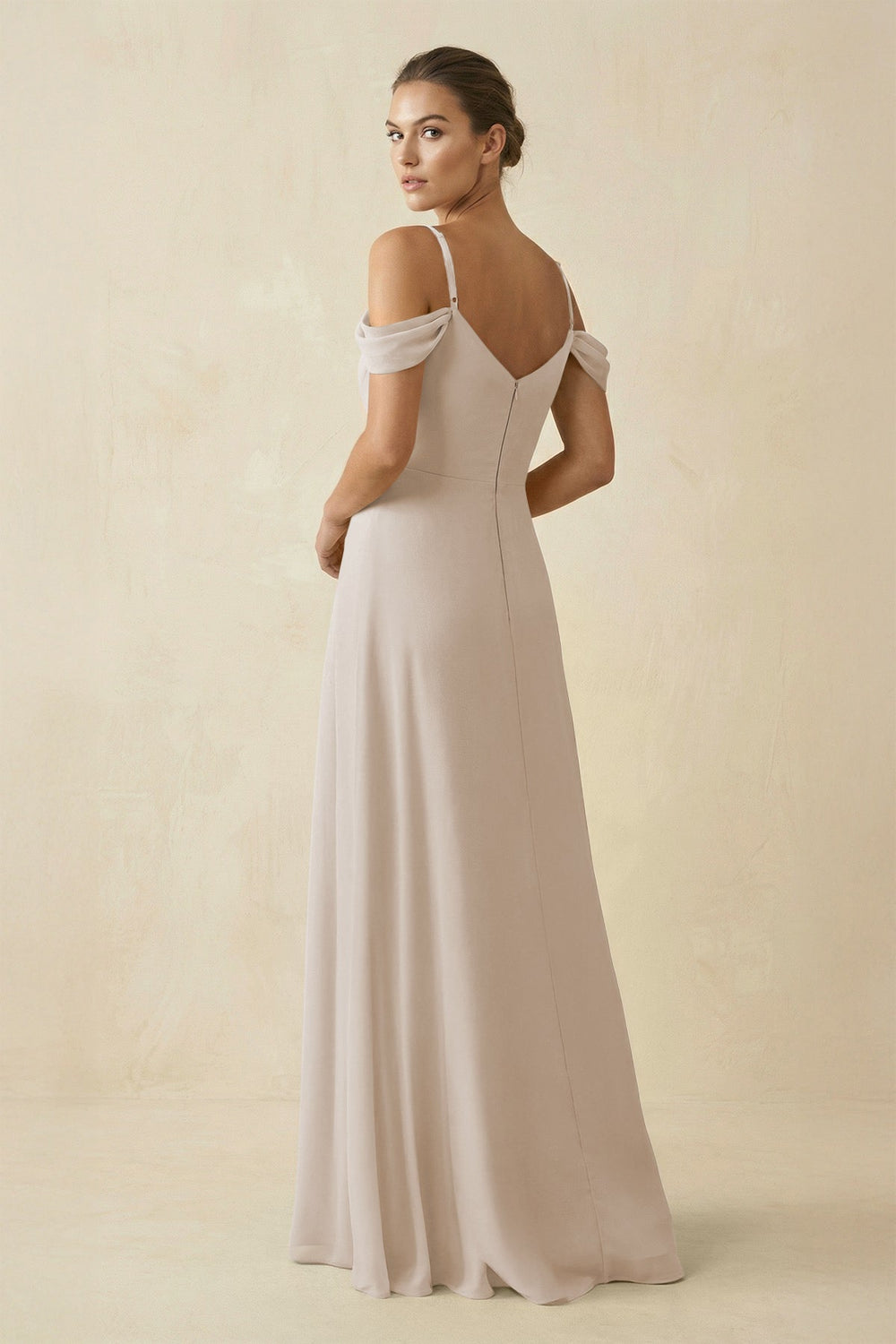 Off - the - Shoulder A - Line Pleated Chiffon Bridesmaid Gown in Frost - SHE IS ME Bridesmaid Dresses