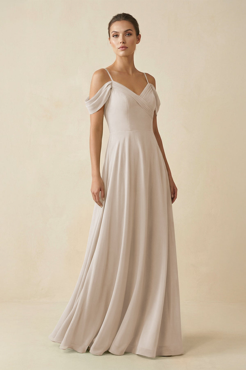 Off - the - Shoulder A - Line Pleated Chiffon Bridesmaid Gown in Frost - SHE IS ME Bridesmaid Dresses