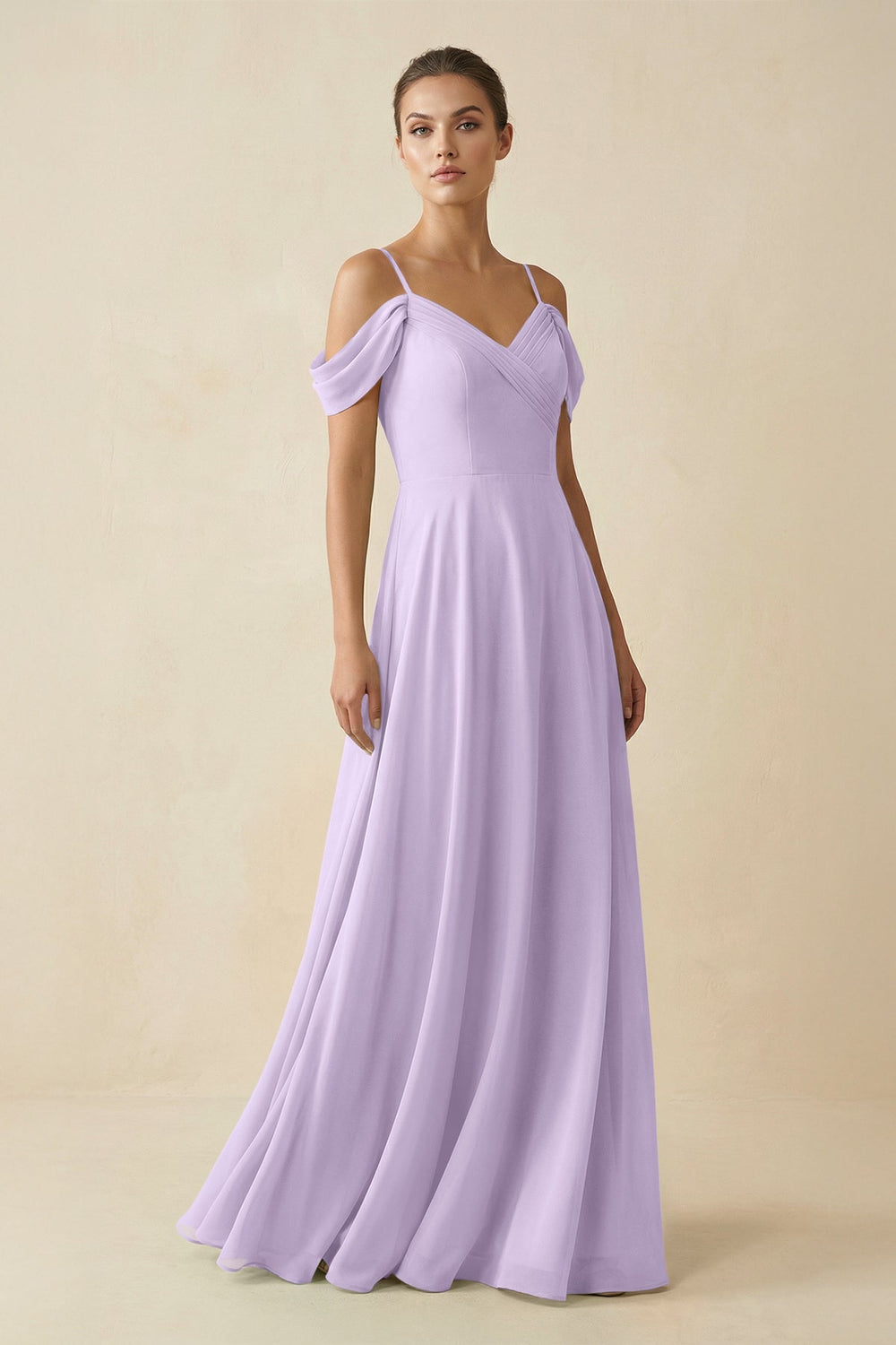 Off - the - Shoulder A - Line Pleated Chiffon Bridesmaid Gown in Lavender - SHE IS ME Bridesmaid Dresses