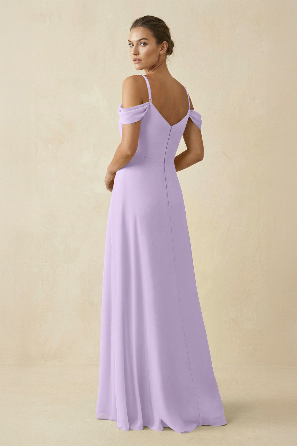 Off - the - Shoulder A - Line Pleated Chiffon Bridesmaid Gown in Lavender - SHE IS ME Bridesmaid Dresses