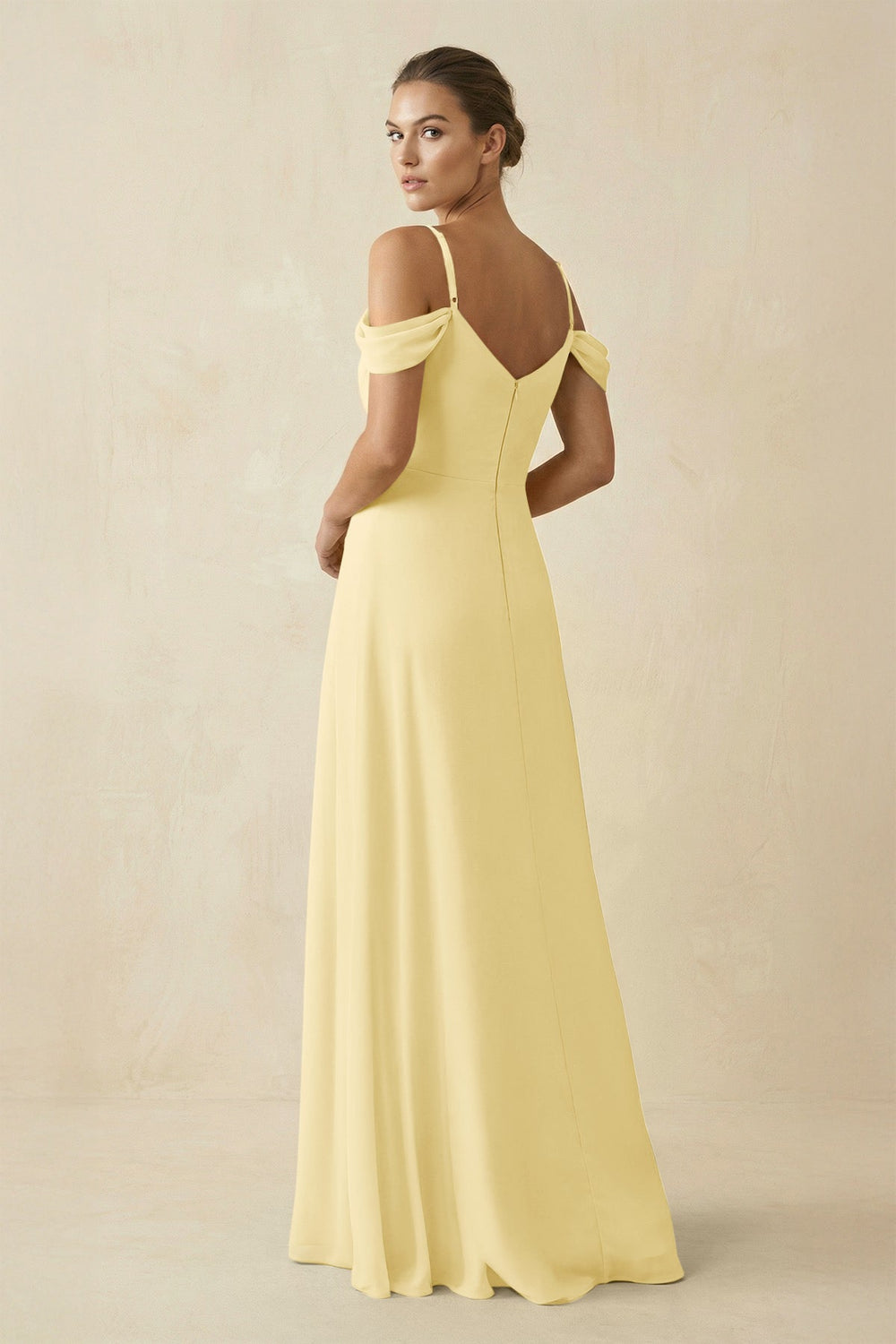 Off - the - Shoulder A - Line Pleated Chiffon Bridesmaid Gown in Pastel Yellow - SHE IS ME Bridesmaid Dresses