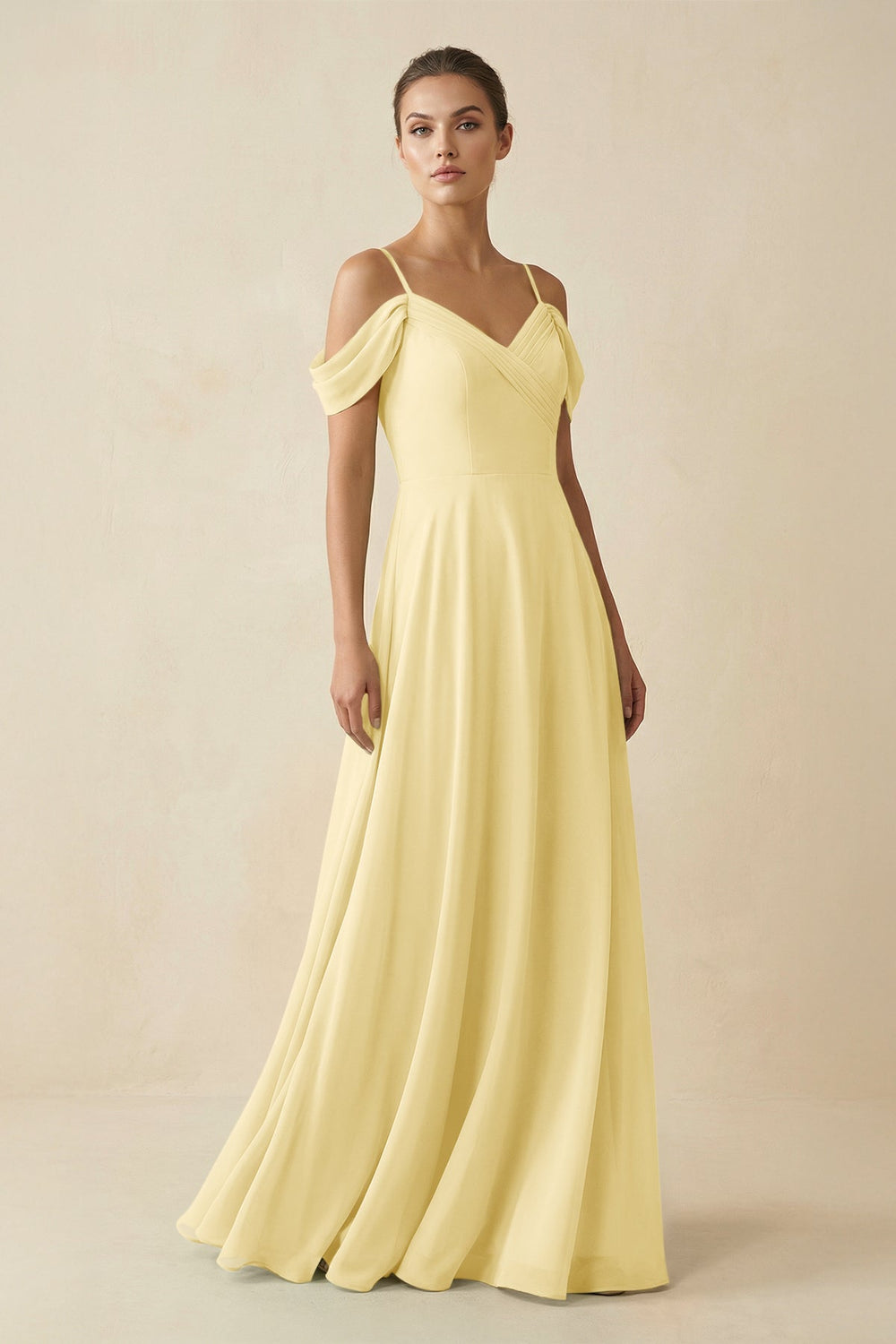 Off - the - Shoulder A - Line Pleated Chiffon Bridesmaid Gown in Pastel Yellow - SHE IS ME Bridesmaid Dresses