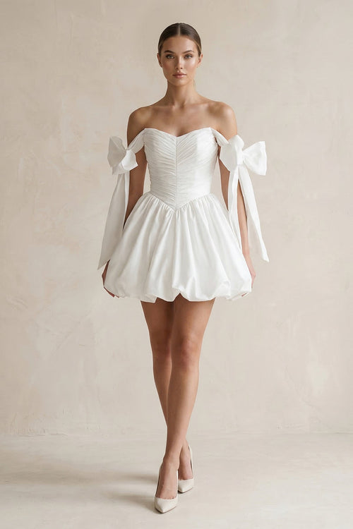 Off - the - Shoulder A - Line Ruffled Satin Pleated Mini Wedding Dress in White - SHE IS ME Wedding Dresses