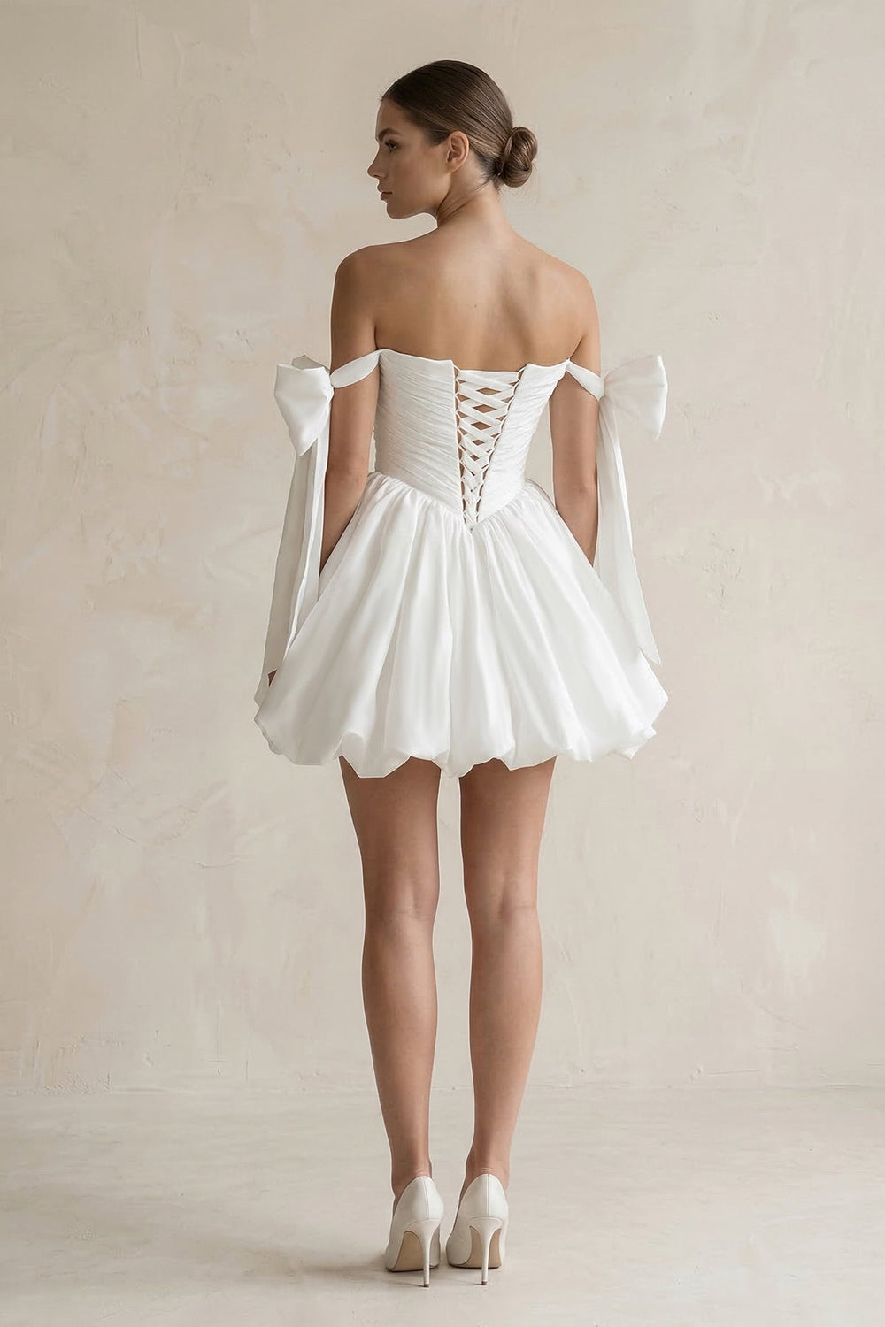 Off - the - Shoulder A - Line Ruffled Satin Pleated Mini Wedding Dress in White - SHE IS ME Wedding Dresses