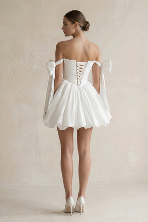 Off - the - Shoulder A - Line Ruffled Satin Pleated Mini Wedding Dress in White - SHE IS ME Wedding Dresses