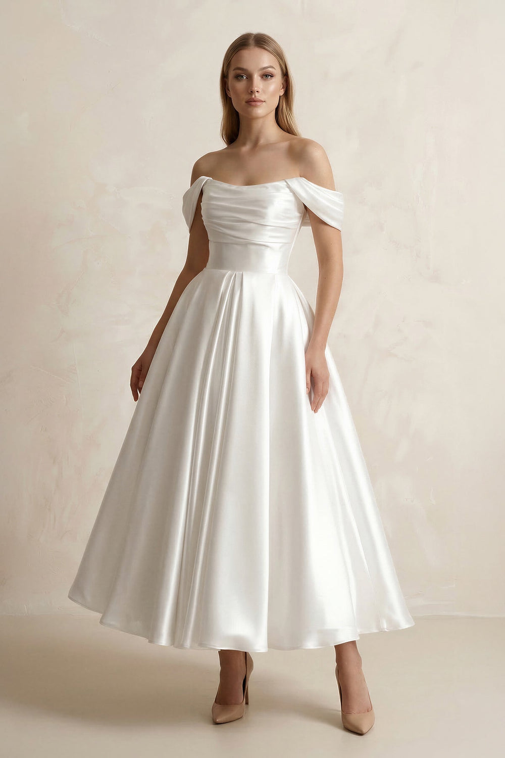 Off - the - Shoulder A - Line Satin Midi Wedding Dress in White - SHE IS ME Wedding Dresses