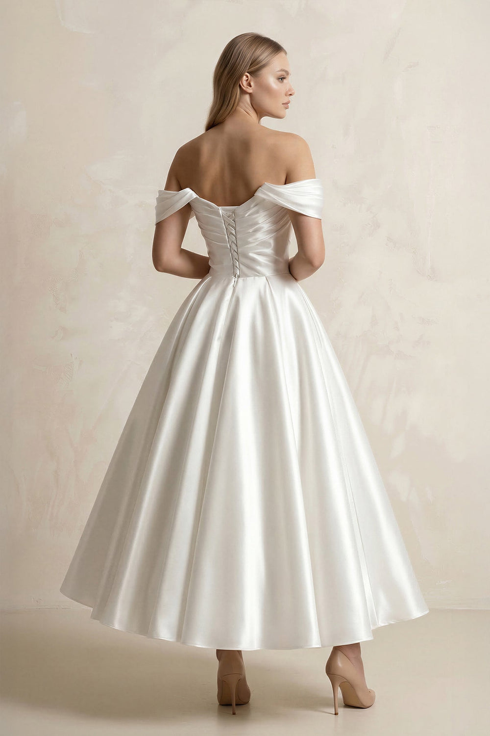 Off - the - Shoulder A - Line Satin Midi Wedding Dress in White - SHE IS ME Wedding Dresses