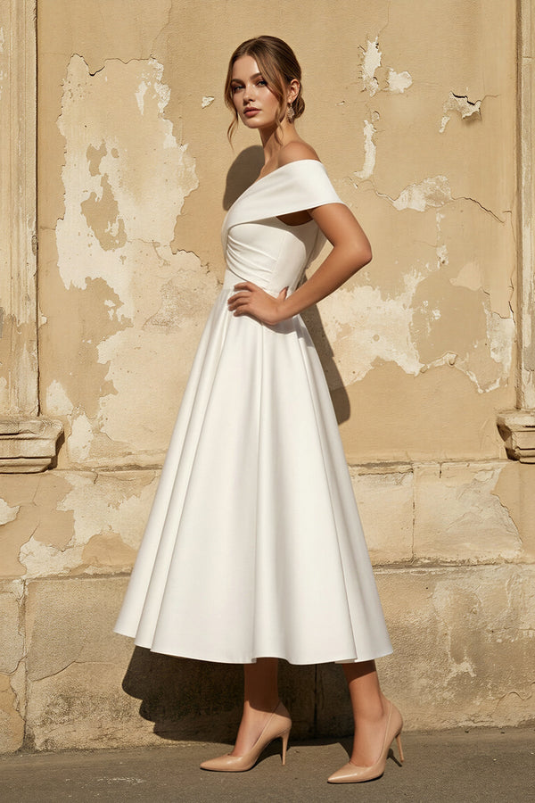 Off The Shoulder A Line Satin Pleated Wedding Dress - SHE IS ME Wedding Dresses