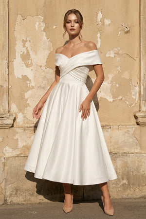 Off The Shoulder A Line Satin Pleated Wedding Dress - SHE IS ME Wedding Dresses