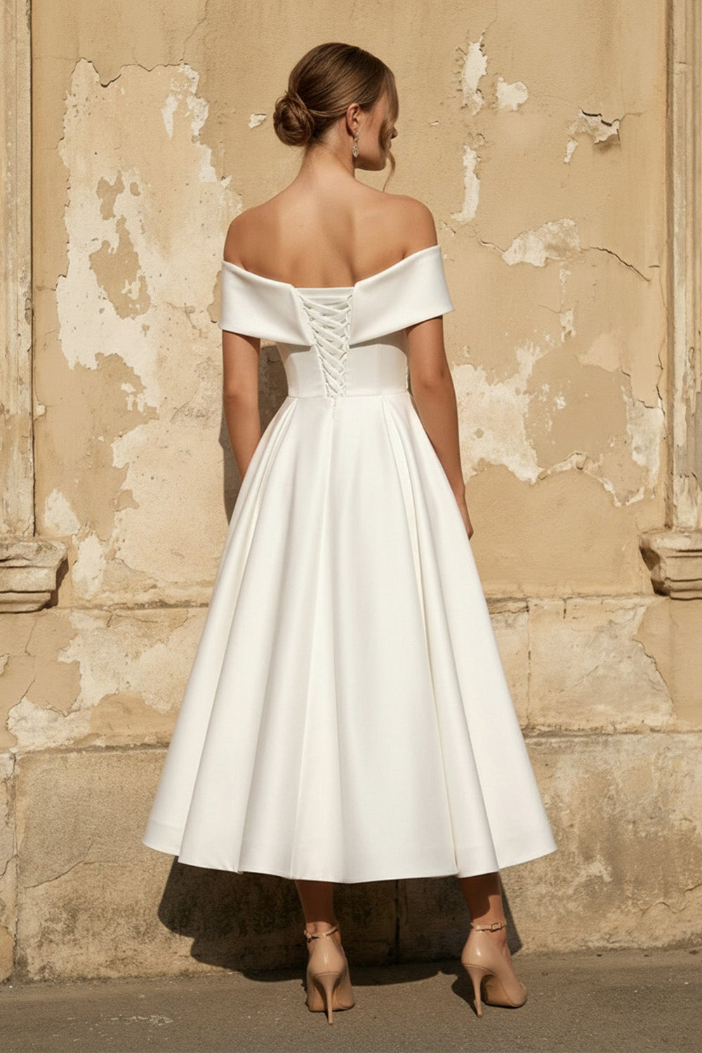 Off The Shoulder A Line Satin Pleated Wedding Dress - SHE IS ME Wedding Dresses