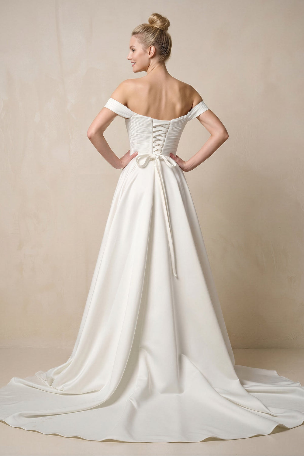 Off - the - Shoulder A - Line Satin Ruched Wedding Dress in White - SHE IS ME Wedding Dresses