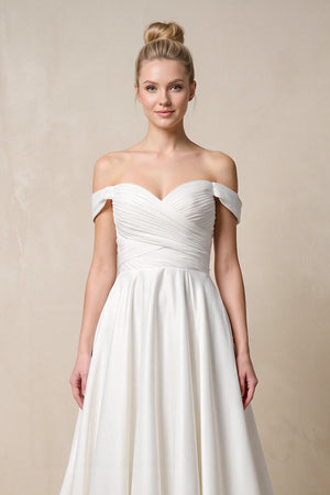 Off - the - Shoulder A - Line Satin Ruched Wedding Dress in White - SHE IS ME Wedding Dresses
