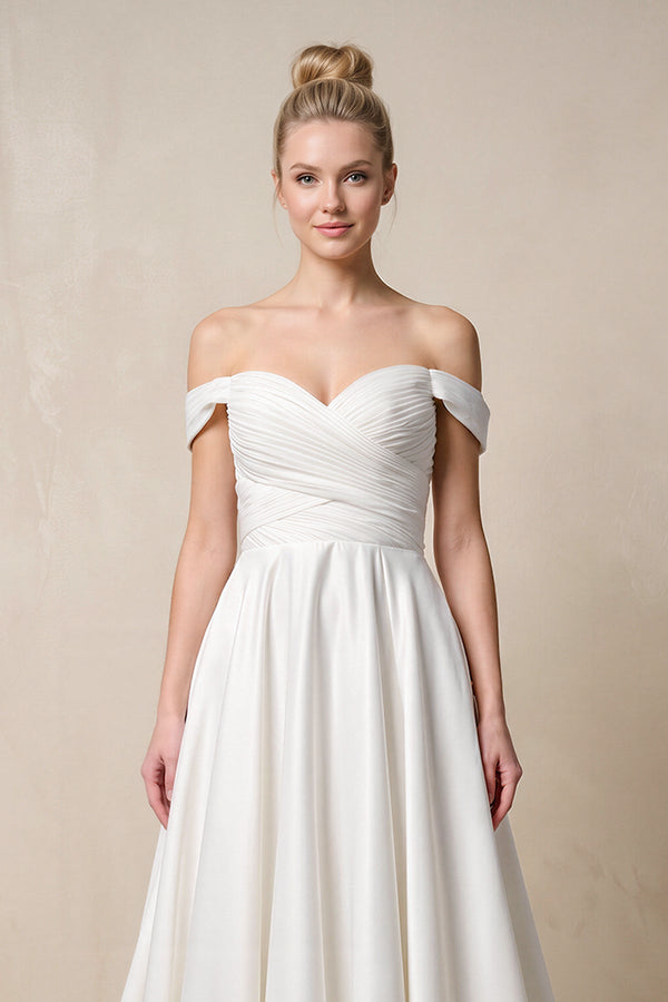 Off - the - Shoulder A - Line Satin Ruched Wedding Dress in White - SHE IS ME Wedding Dresses