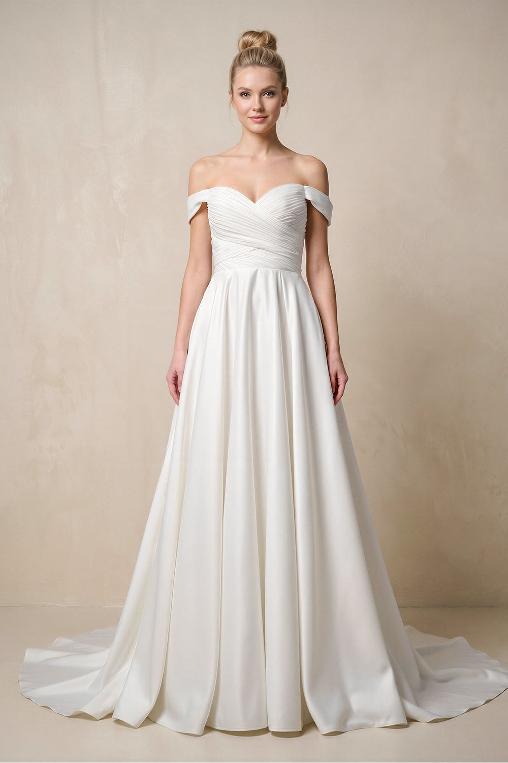 Off - the - Shoulder A - Line Satin Ruched Wedding Dress in White - SHE IS ME Wedding Dresses