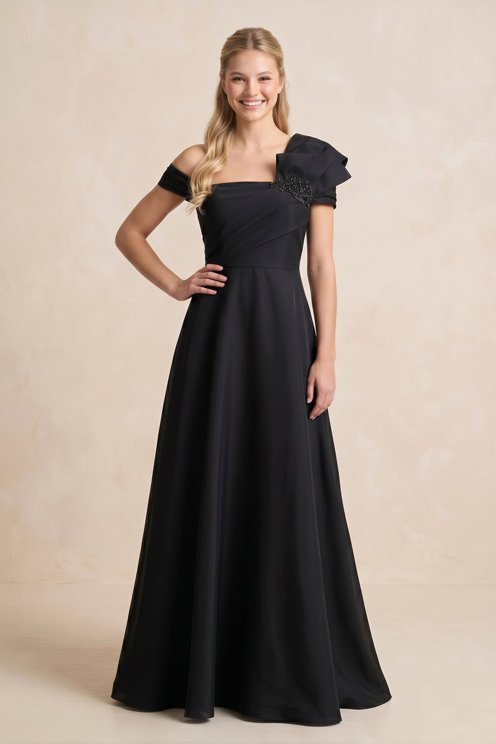 Off - the - Shoulder A - Line Satin Ruffled MaxiDress in Black - SHE IS ME Wedding Dresses