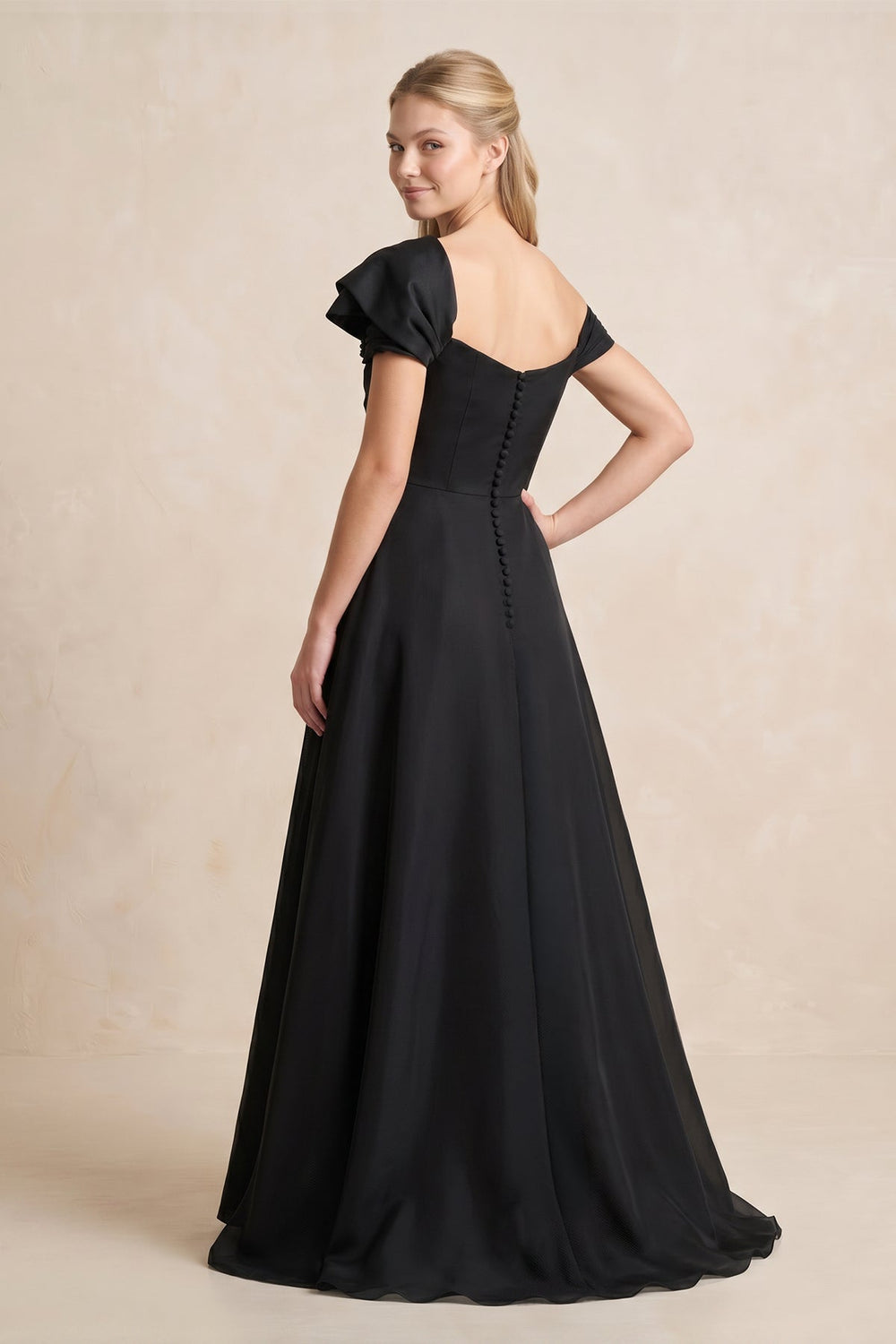 Off - the - Shoulder A - Line Satin Ruffled MaxiDress in Black - SHE IS ME Wedding Dresses
