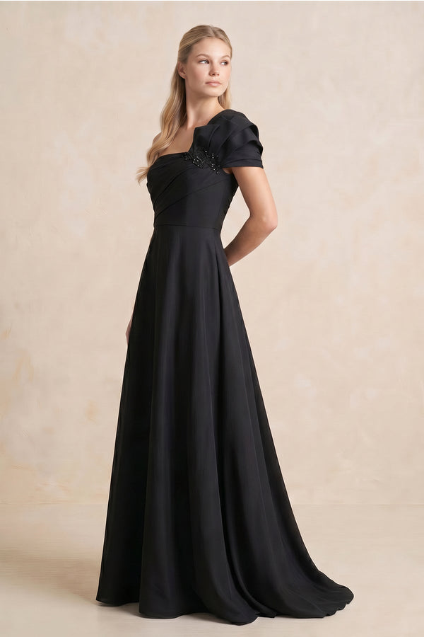Off - the - Shoulder A - Line Satin Ruffled MaxiDress in Black - SHE IS ME Wedding Dresses
