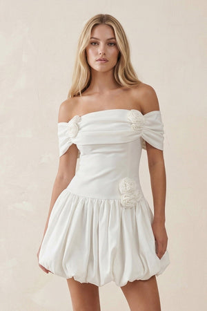 Off - the - Shoulder A - Line Satin Ruffled Mini Wedding Dress in White - SHE IS ME Wedding Dresses