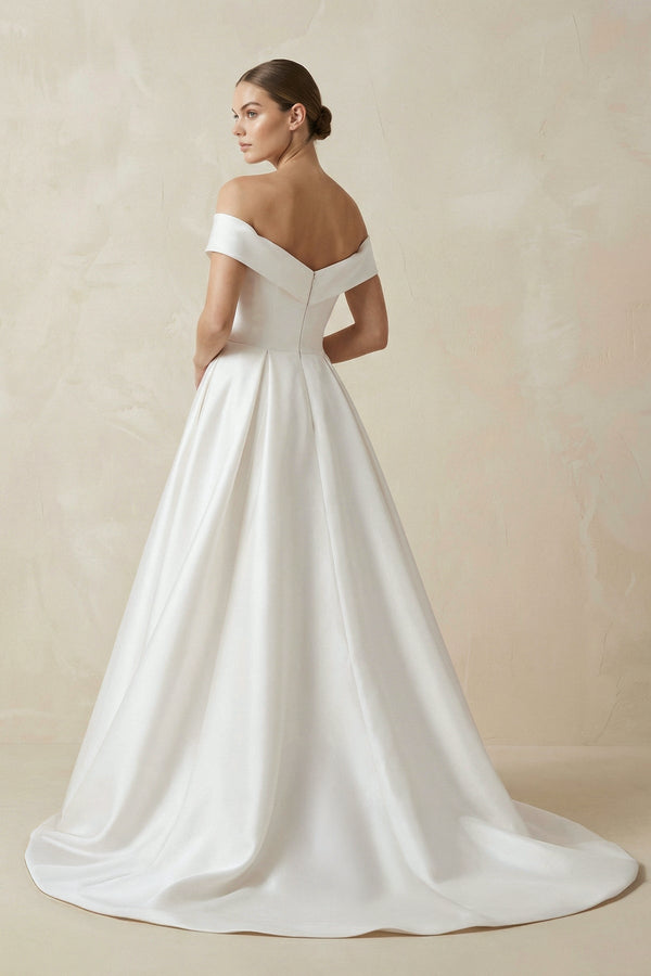 Off - the - shoulder A - Line Satin Wedding Dress - SHE IS ME Wedding Dresses