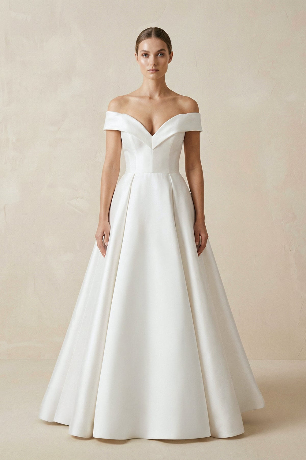 Off - the - shoulder A - Line Satin Wedding Dress - SHE IS ME Wedding Dresses