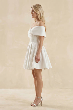 Off - the - Shoulder A - Line Satin Wedding Dress in Ivory - SHE IS ME Wedding Dresses