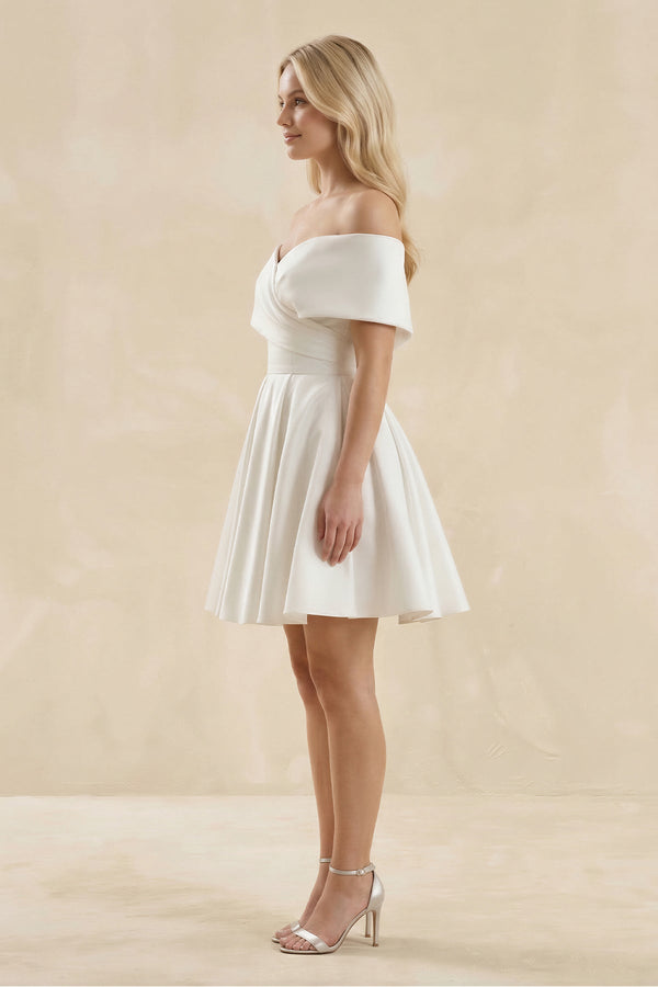 Off - the - Shoulder A - Line Satin Wedding Dress in Ivory - SHE IS ME Wedding Dresses