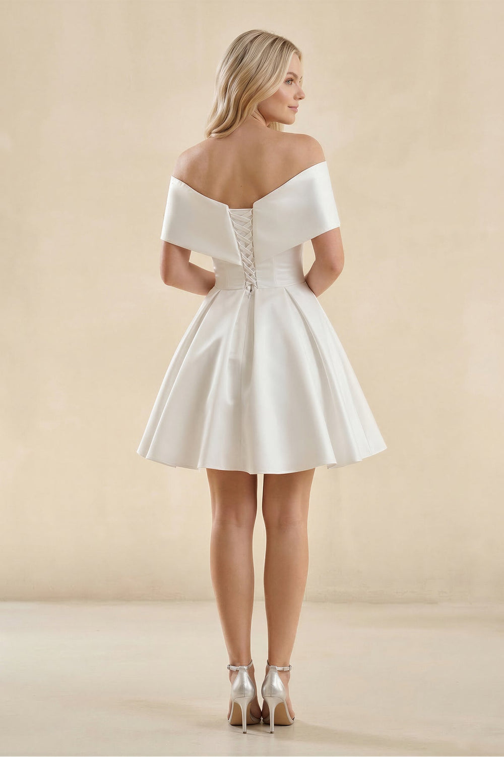 Off - the - Shoulder A - Line Satin Wedding Dress in Ivory - SHE IS ME Wedding Dresses