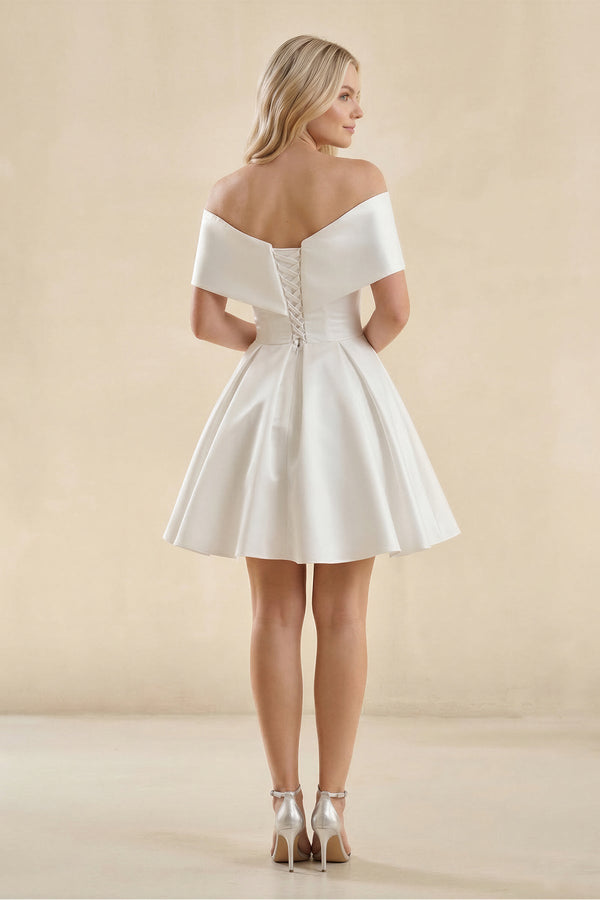 Off - the - Shoulder A - Line Satin Wedding Dress in Ivory - SHE IS ME Wedding Dresses