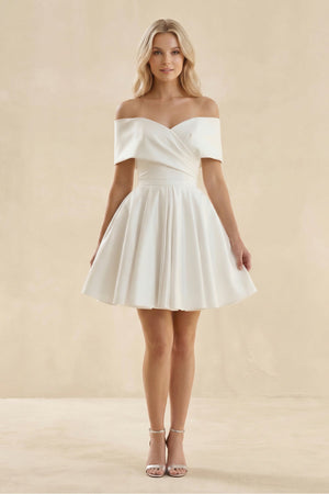 Off - the - Shoulder A - Line Satin Wedding Dress in Ivory - SHE IS ME Wedding Dresses