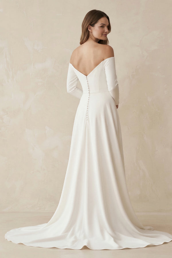 Off - the - Shoulder A - Line Satin Wedding Dress in White - SHE IS ME Wedding Dresses