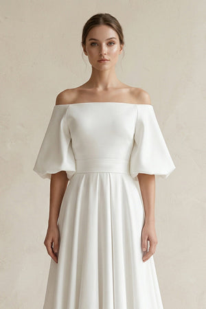 Off - the - Shoulder A - Line Satin Wedding Dress With Short Sleeves in White - SHE IS ME Wedding Dresses