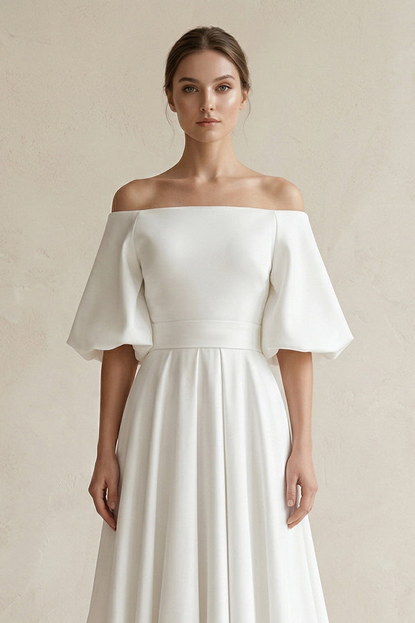 Off - the - Shoulder A - Line Satin Wedding Dress With Short Sleeves in White - SHE IS ME Wedding Dresses