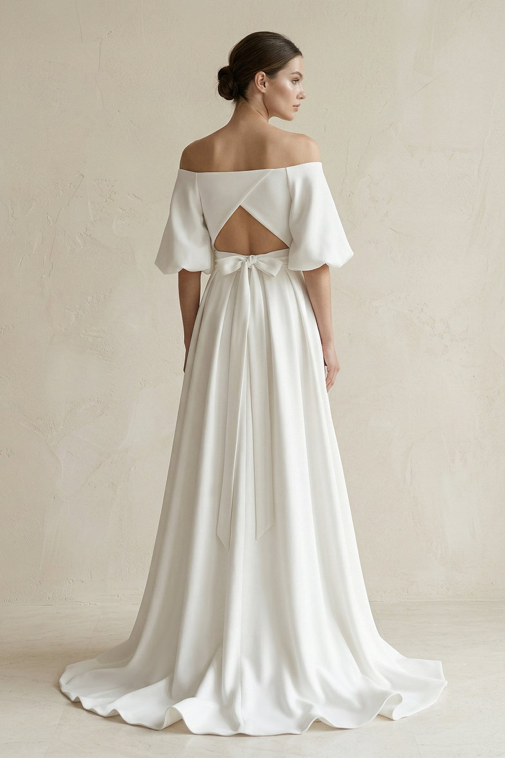 Off - the - Shoulder A - Line Satin Wedding Dress With Short Sleeves in White - SHE IS ME Wedding Dresses