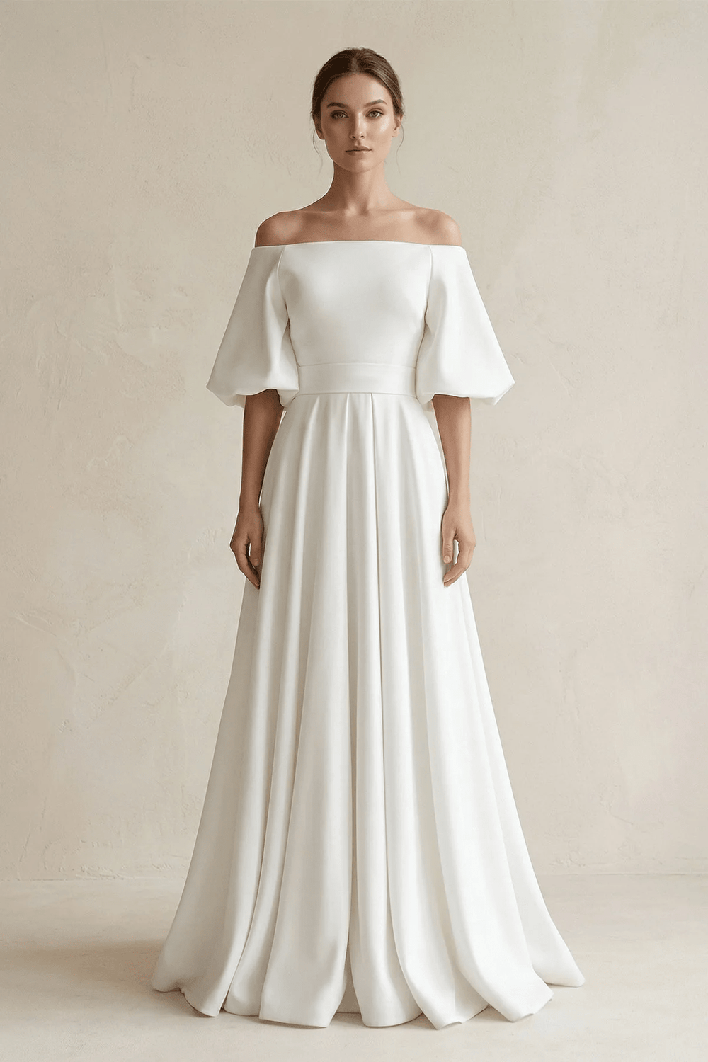 Off - the - Shoulder A - Line Satin Wedding Dress With Short Sleeves in White - SHE IS ME Wedding Dresses