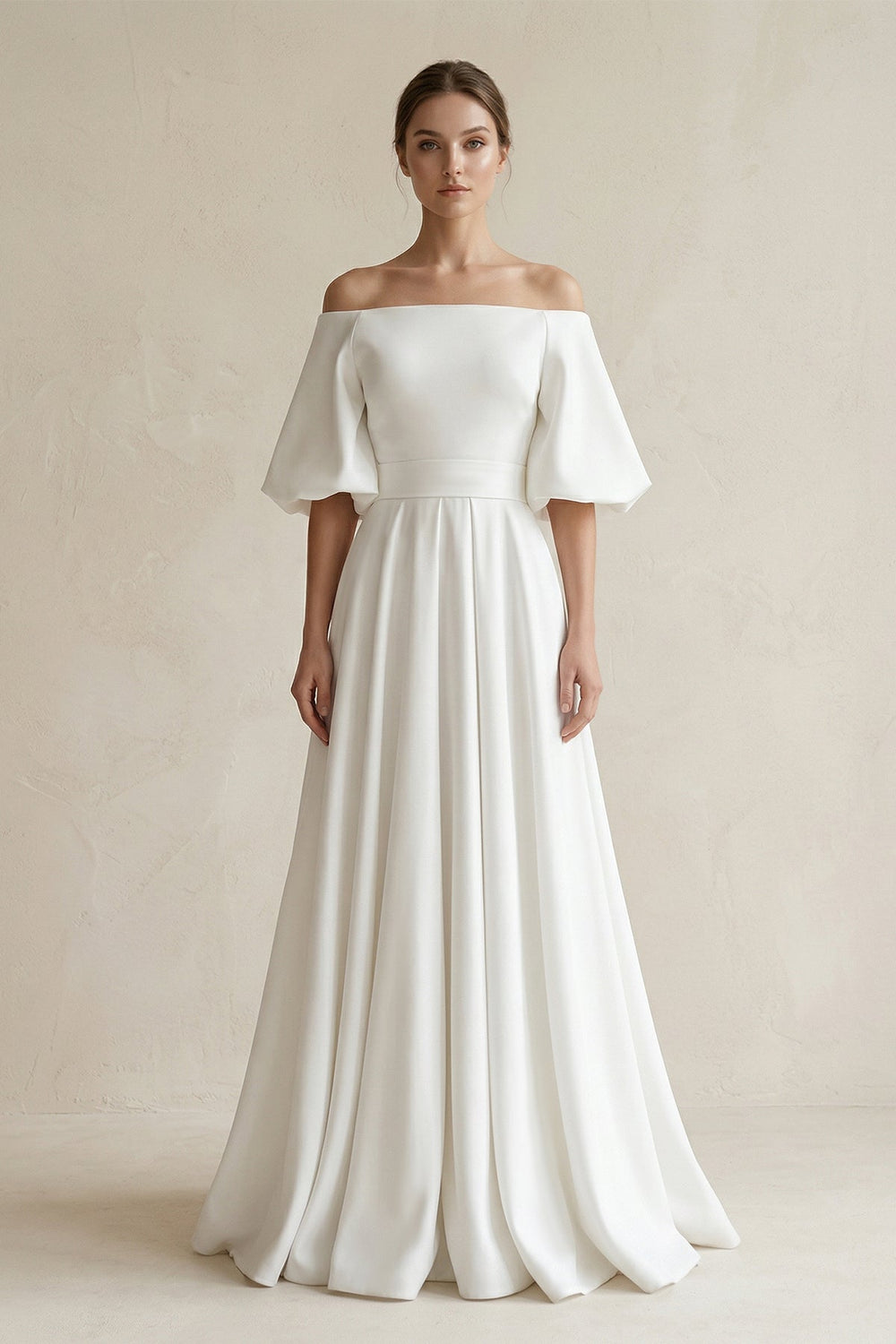 Off - the - Shoulder A - Line Satin Wedding Dress With Short Sleeves in White - SHE IS ME Wedding Dresses