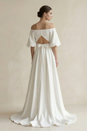 Off - the - Shoulder A - Line Satin Wedding Dress With Short Sleeves in White - SHE IS ME Wedding Dresses