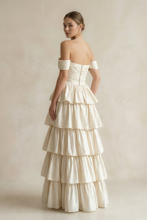 Off - the - Shoulder A - Line Tiered Chiffon Wedding Dress in Ivory - SHE IS ME Wedding Dresses