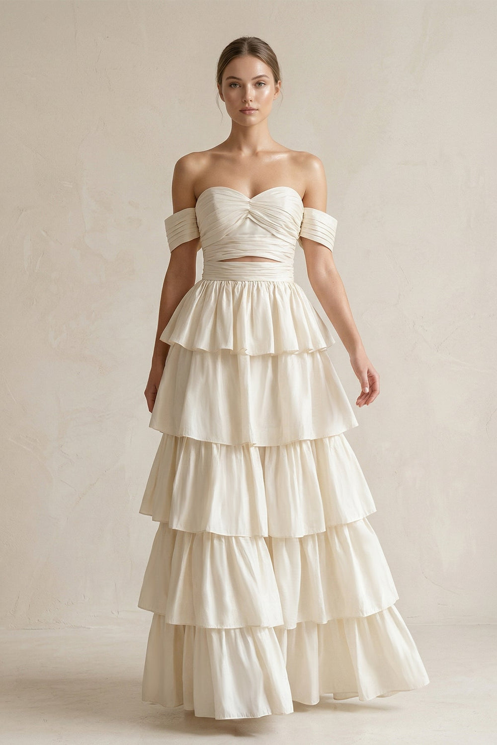 Off - the - Shoulder A - Line Tiered Chiffon Wedding Dress in Ivory - SHE IS ME Wedding Dresses